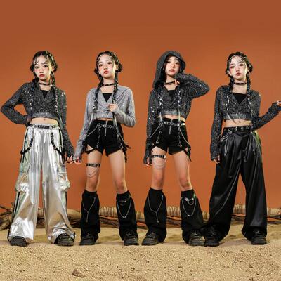 女团爵士舞服装女孩露脐长袖套装炸街jazz银色亮片走秀街舞表演服