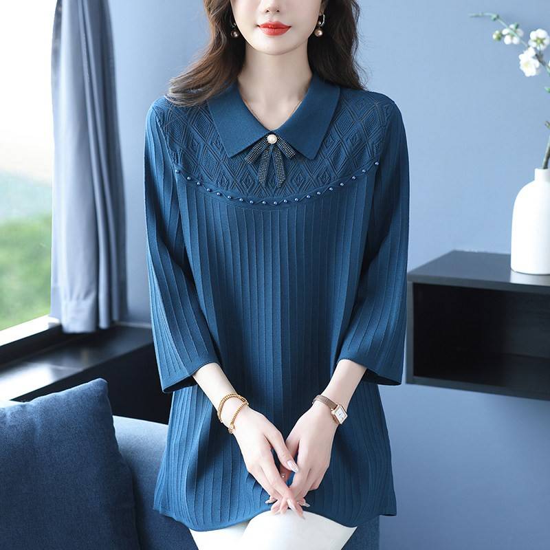 妈妈装春秋翻领七分袖冰丝针织T恤女宽松大码洋气中长款打底上衣