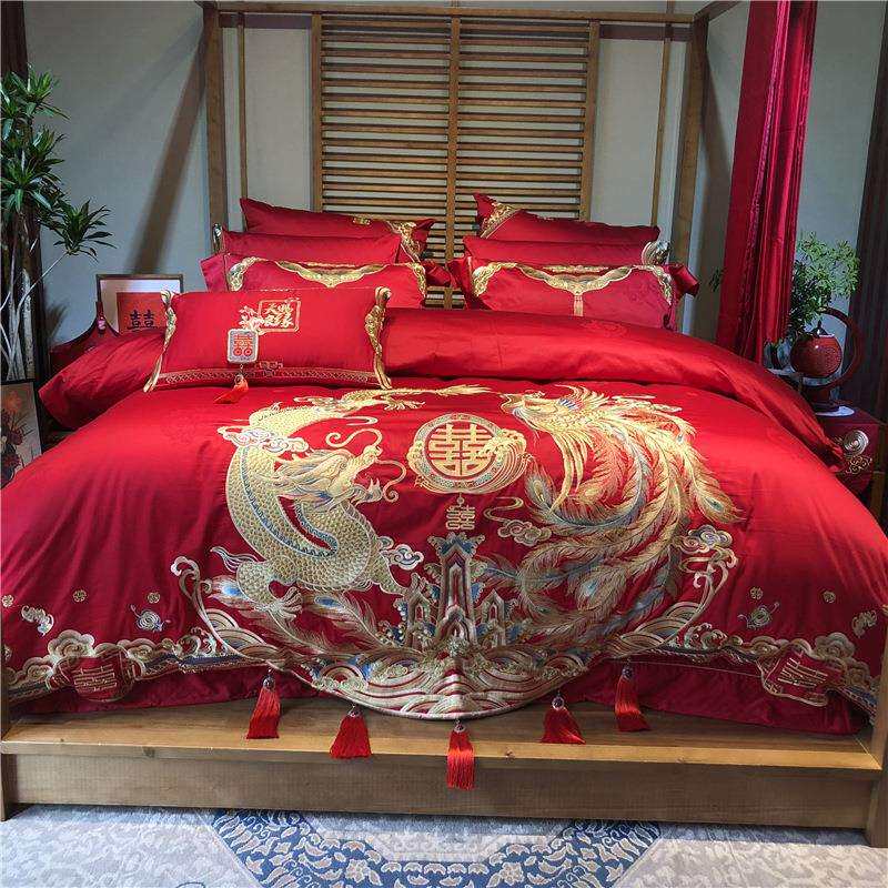 中国风婚庆四件套丨全棉100支贡缎提花刺绣多件套 结婚龙凤套件