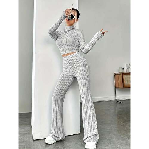 Women's Cable Knit Sweater Set Two Piece Outfit Cropped