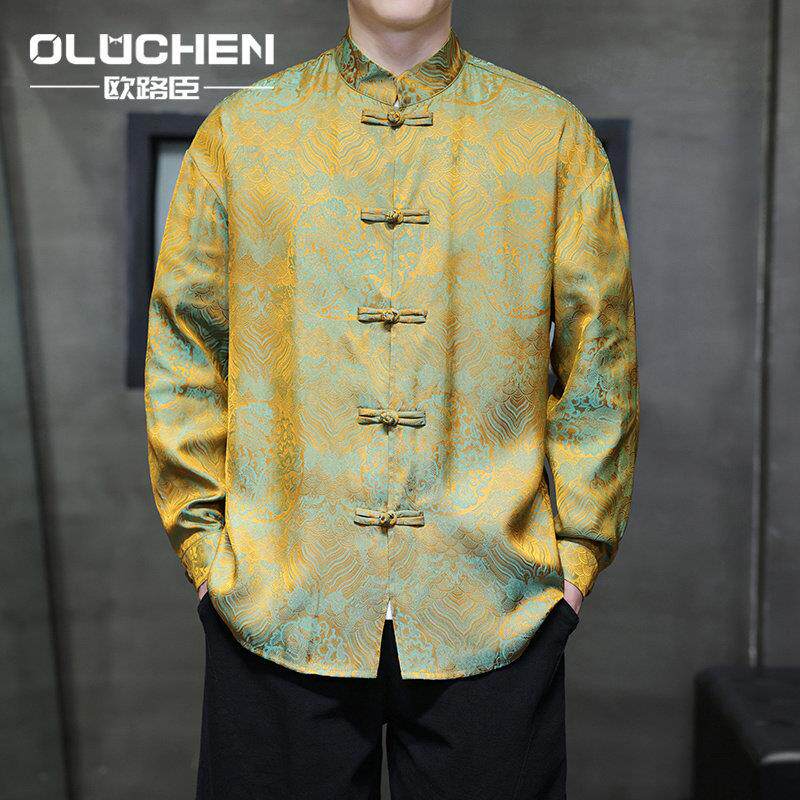 OULUCHEN中国风唐装男新中式男装春秋长袖衬衫复古盘扣汉服外套