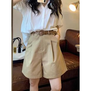 卡其色高腰休闲短裤女夏季运动护腰百搭显瘦直筒a字五分阔腿中裤