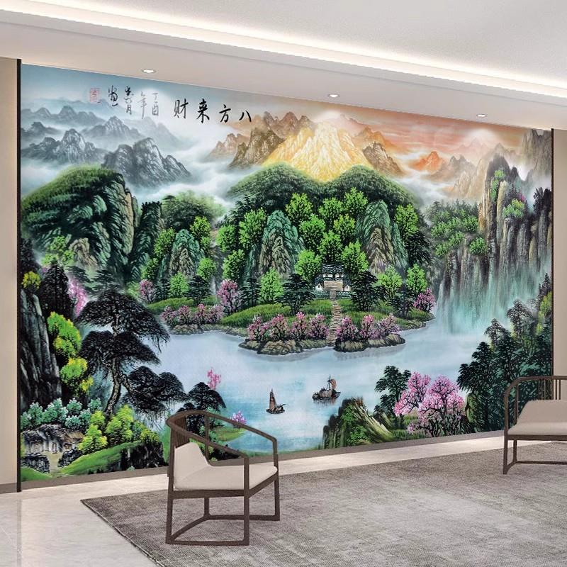 8d墙板现代流水集成生财电视中式竹木山水画背景墙纤维客厅墙影视