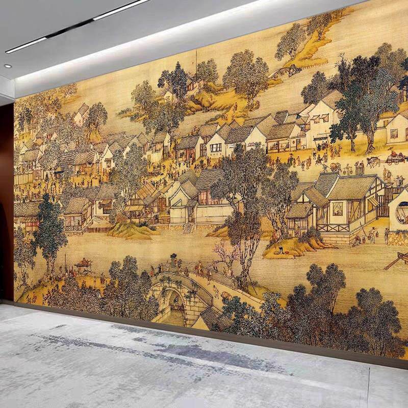 清明上河图办公室山水画定制3d立体山水画电视背景墙壁画壁纸墙布