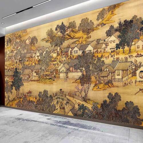清明上河图办公室山水画定制3d立体山水画电视背景墙壁画壁纸墙布