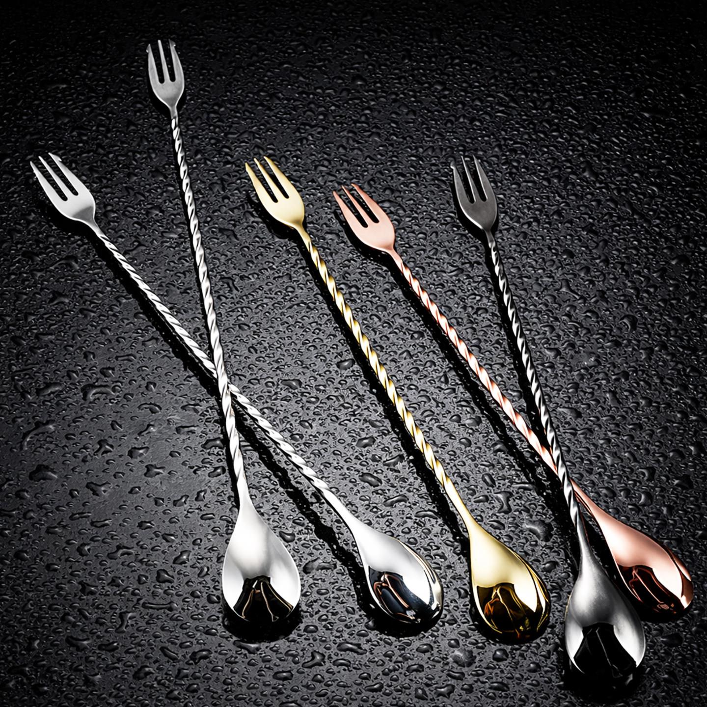 酒吧灵魂 日式细螺纹带叉长吧勺搅拌棒调酒棒吧勺Bar Spoon酒具