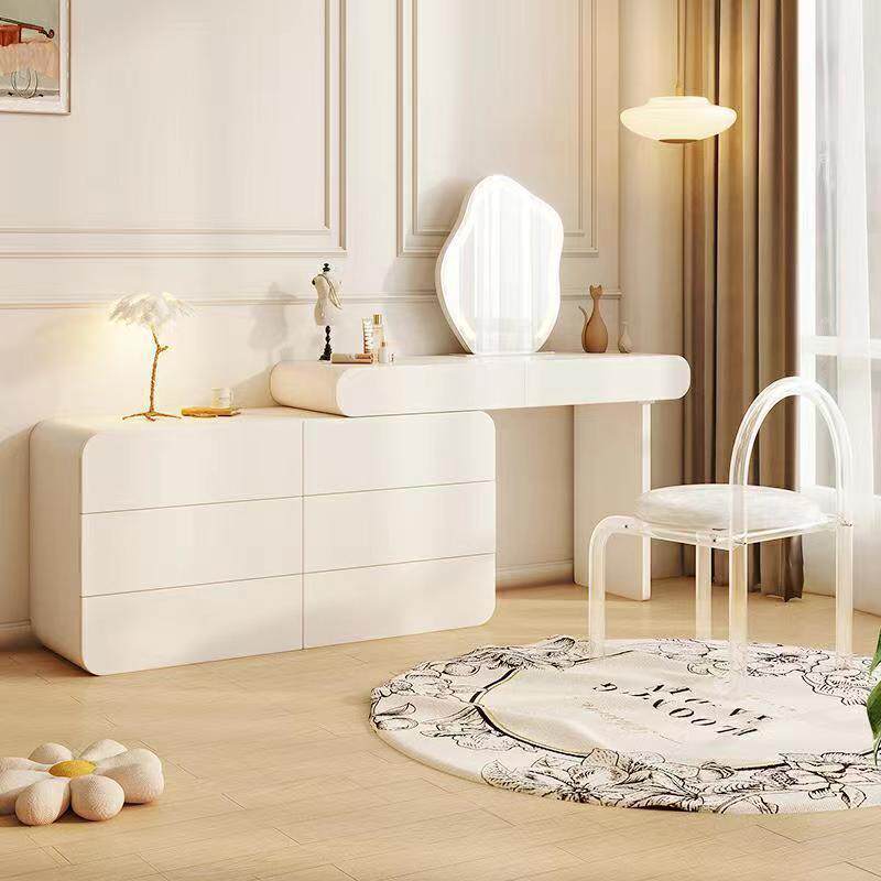 奶油风梳妆台实木化妆台斗柜一体梳妆台化妆镜卧室梳妆台梳妆凳