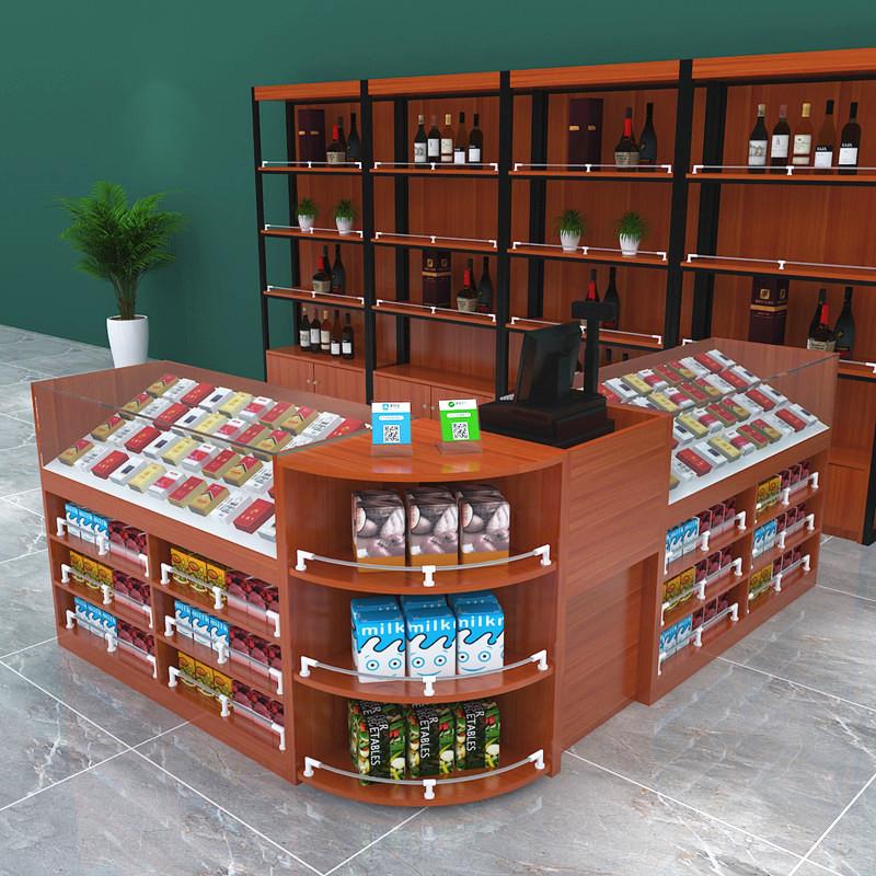 超市香烟玻璃柜台便利店烟酒柜转角多功能组合收银台木质展示柜台图片
