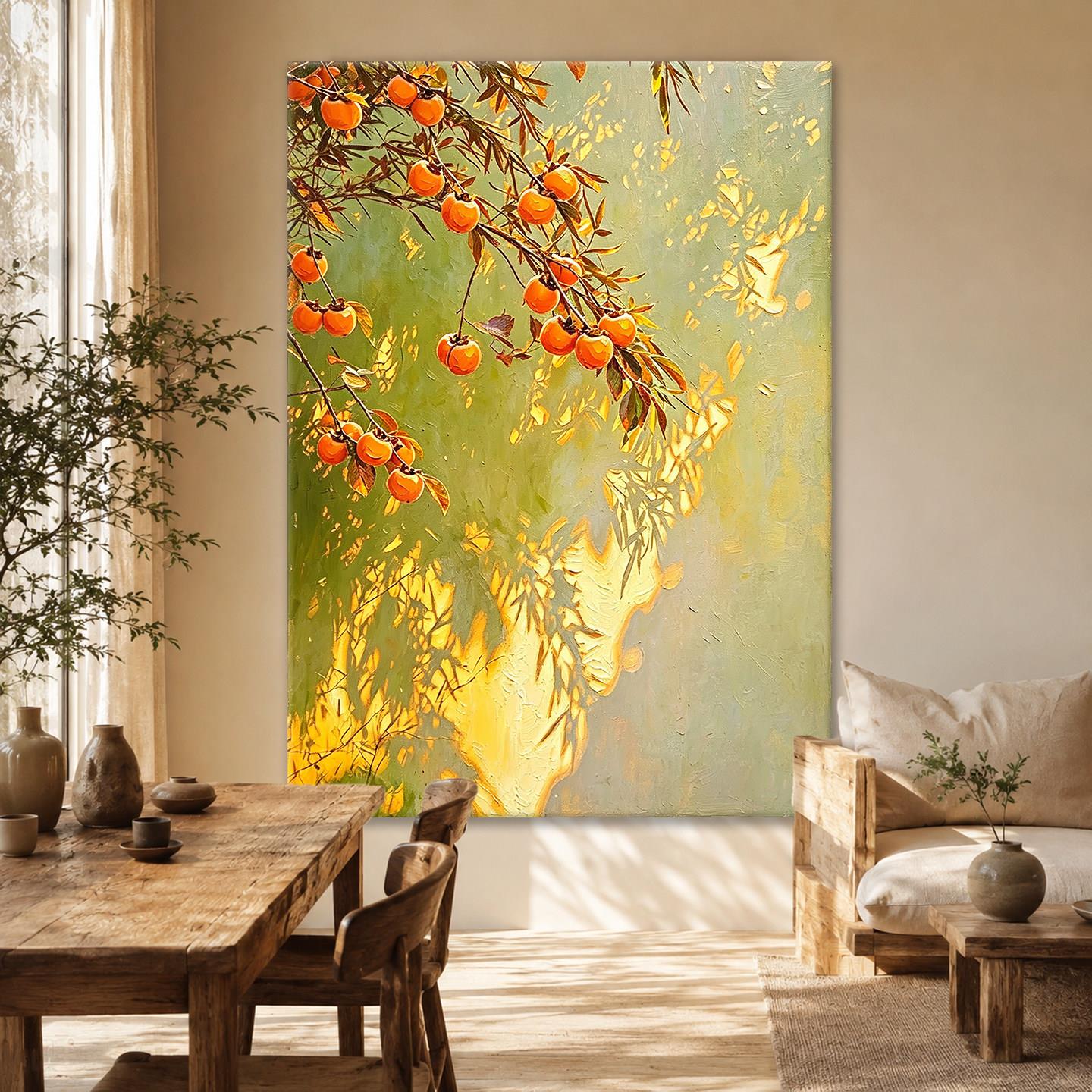 手绘油画《金柿》客厅沙发玄关入户餐厅装饰画中古风柿子肌理挂画