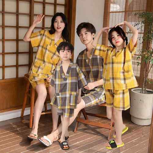 亲子汗蒸服加胸垫女套装情格子夏季一家三口睡衣家居服男女儿童