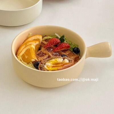 ok maji陶瓷手柄碗ins风餐具家用烤碗火鸡面 面汤碗带盖子吃泡面