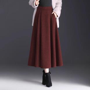 毛呢半身裙2025女秋冬款气质长裙高腰A字裙伞裙遮胯显瘦女百褶裙