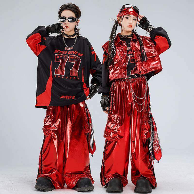 少儿街舞服装嘻哈男童红色亮皮儿童表演服套装女童走秀元旦演出服