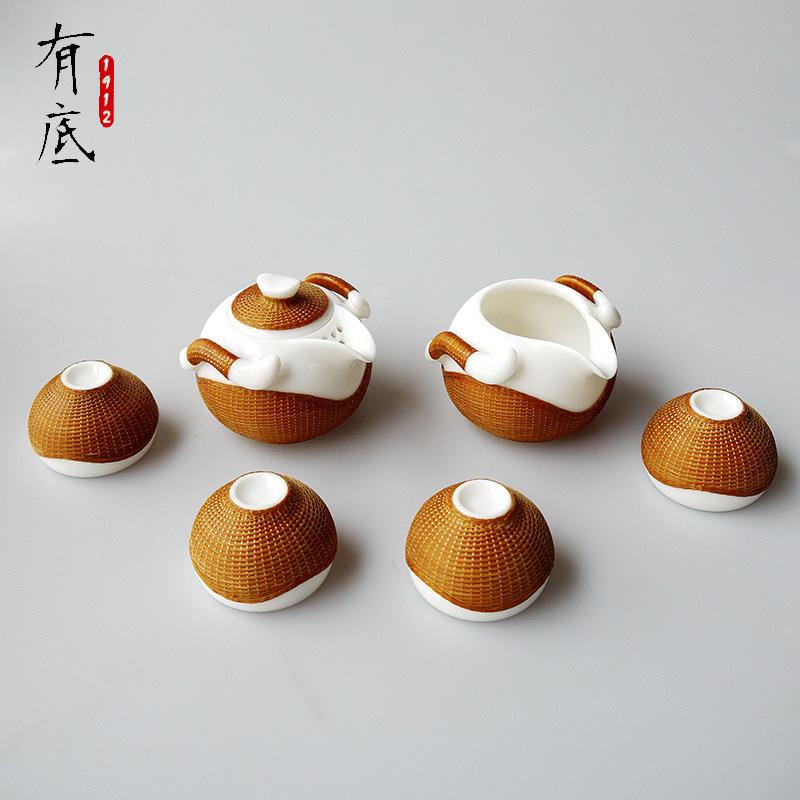 非遗手工瓷胎竹编玉瓷茶具一壶四杯套装竹丝扣瓷商务送礼送老外