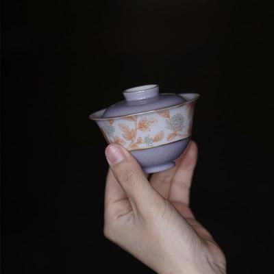 赋山堂景德镇青衣紫菊纹盖碗手绘陶瓷茶碗拼色小号茶具礼盒装送人