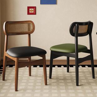 法式复古全实木餐桌椅靠背餐椅中古休闲家用酒店藤编椅子网红凳子