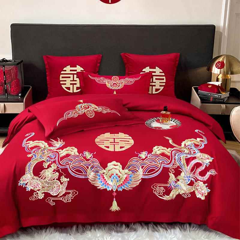 陪结中式婚四件套大红色绣被套婚床新585婚嫁喜庆刺床