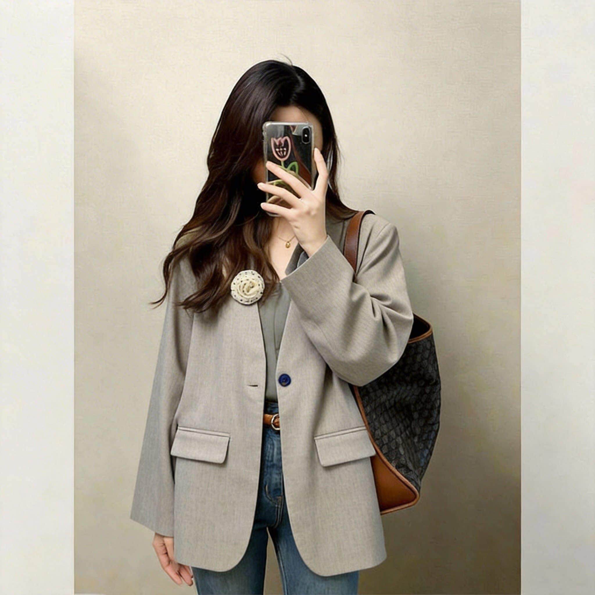 韩版波点飘带一粒扣无领西装女春季薄款小个子设计感休闲精致外套
