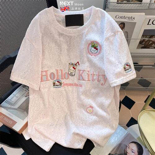 Next Moon英国联名韩系粉色可爱刺绣kitty猫短袖t恤女夏2026新款