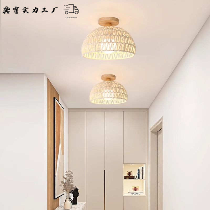 过道吸顶灯走廊玄关门厅阳台灯试衣间日式田园创意藤编原木卧室灯