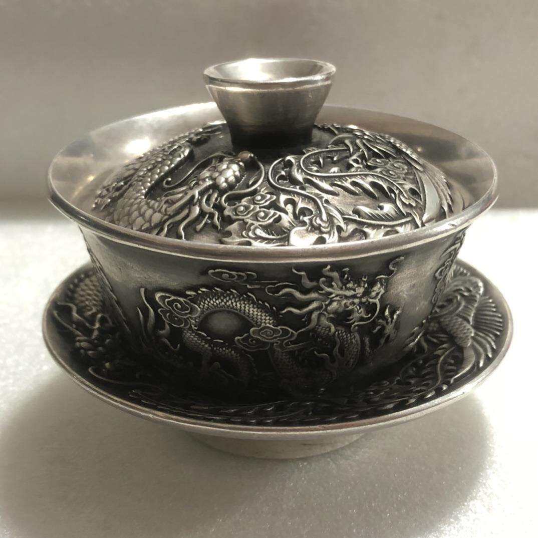 仿古铜碗三件套龙凤茶白铜镀银茶杯九龙茶盏浮雕古玩收藏复古摆件