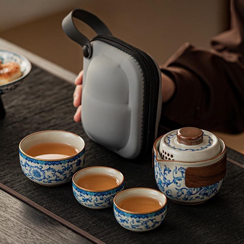 缠枝莲汝窑快客杯旅行茶具套装一壶三杯便携包户外露营茶壶茶杯子