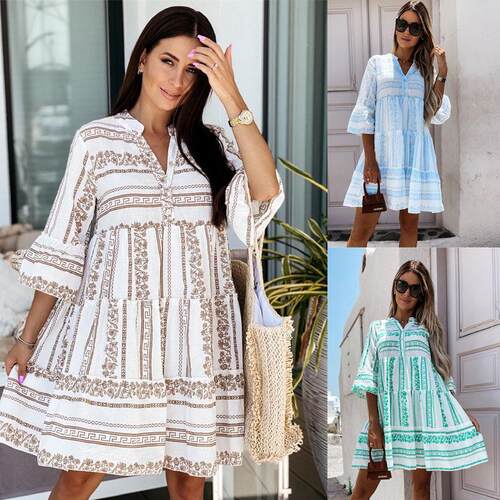 Women's dress with mid sleeve collar and waist printed