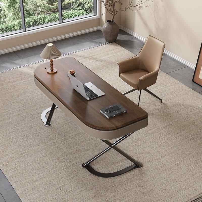 高端实木书桌轻奢现代简约马鞍皮家用书房卧室胡桃木皮办公电脑桌