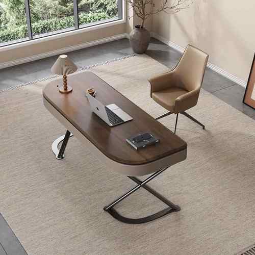 高端实木书桌轻奢现代简约马鞍皮家用书房卧室胡桃木皮办公电脑桌