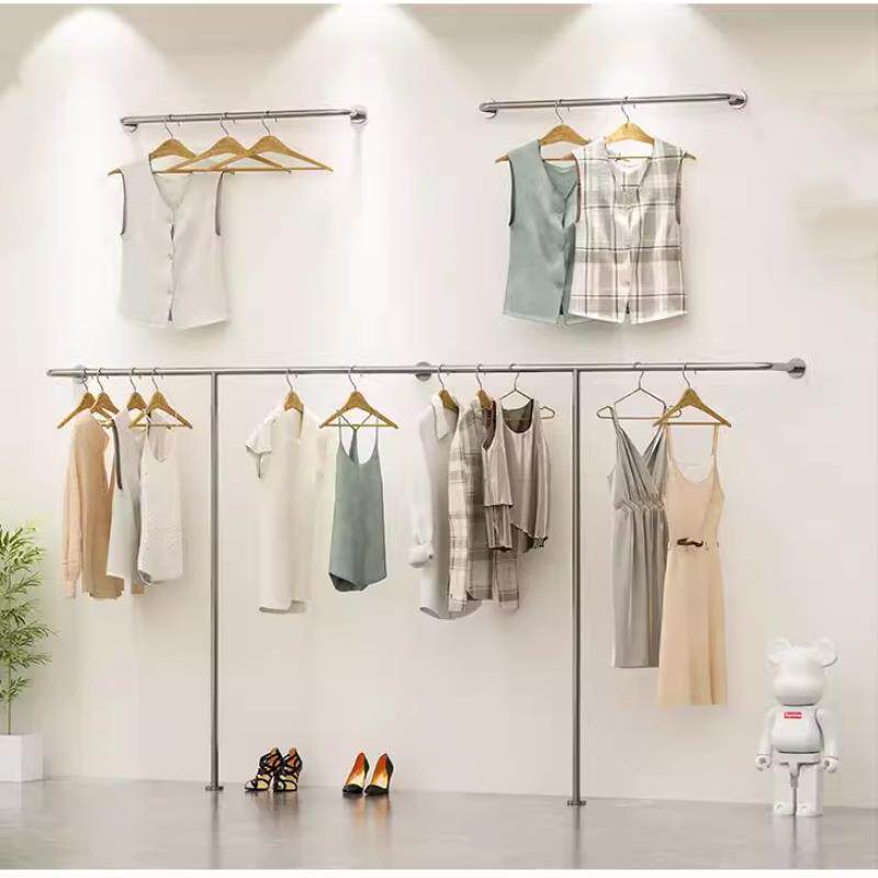 服装店上墙不锈钢展示架挂衣架子壁挂式女装店货架童装落地式挂