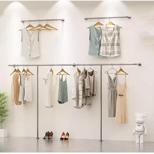 服装店上墙不锈钢展示架挂衣架子壁挂式女装店货架童装落地式挂