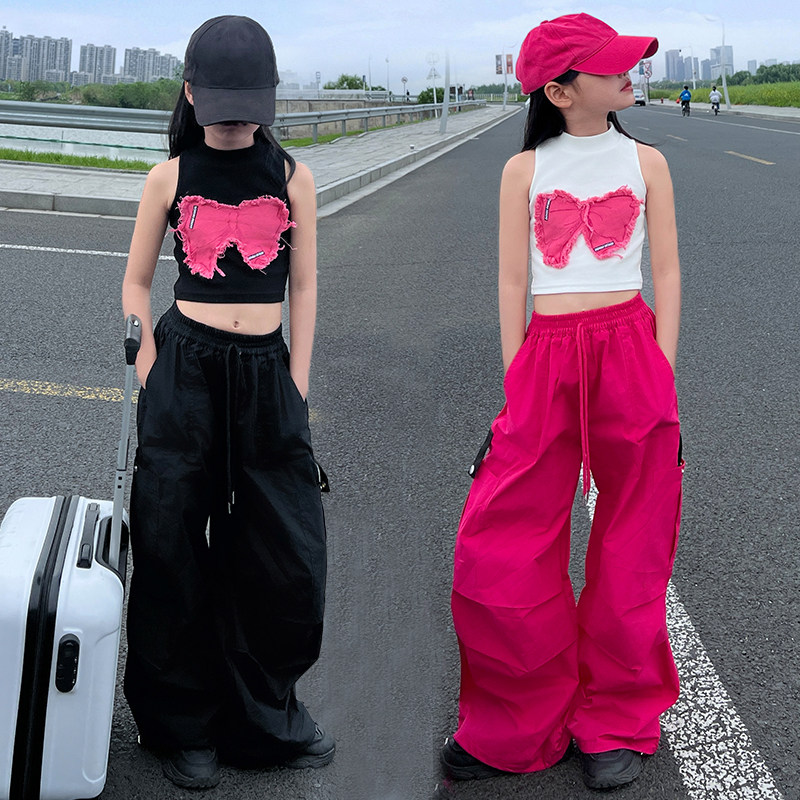爵士舞服装女童洋气工装裤炸街儿童时髦蝴蝶结背心夏装两件套潮酷