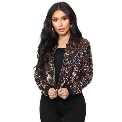 Womens Glitter Sequin Zip Up Fitted Jacket Casual Long