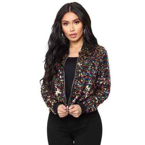 Womens Glitter Sequin Zip Up Fitted Jacket Casual Long
