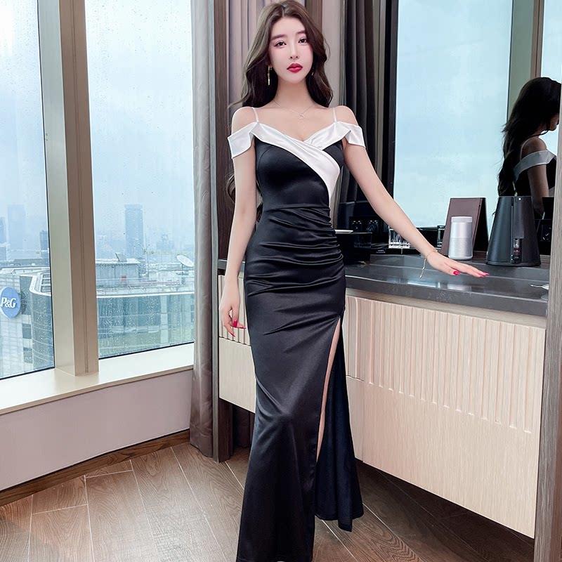 包厢公主工作服吊带长裙新款缎面夜场沐足晚礼服修身露肩高级