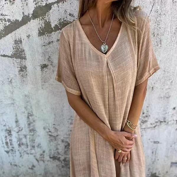 Dress Linen and Cotton Color Solid V-Neck Sleeve Short