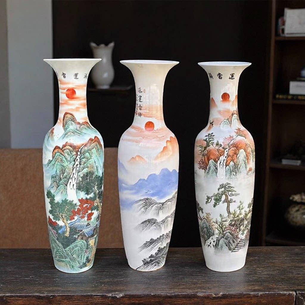 景德镇陶瓷器落地大花瓶摆件设高档手绘山水鸿运当头中式客厅装饰
