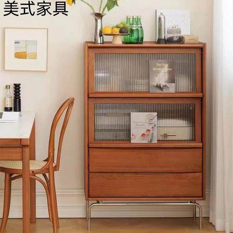覆古实木书柜上翻门杂志柜简约储物收纳柜客厅电视边柜北欧餐柜