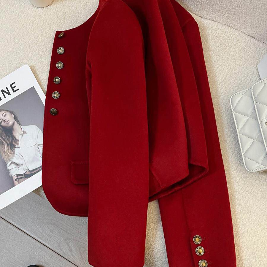 香港秋冬新款新年红小香风双面羊绒短款外套女法式高级感名媛上衣