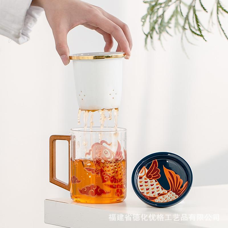 马克杯过滤玻璃杯子陶瓷故宫红锦鲤办公室家用茶水分离泡茶杯茶器