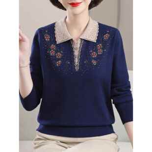 上衣 200斤洋气中老年妈妈针织衫 翻领绣花羊绒衫 女秋冬加肥加大码