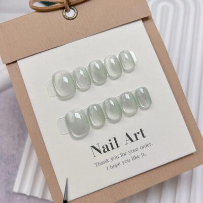 10Pcs Short Handmade Light Green Press On Nails Cat Eyes Pur