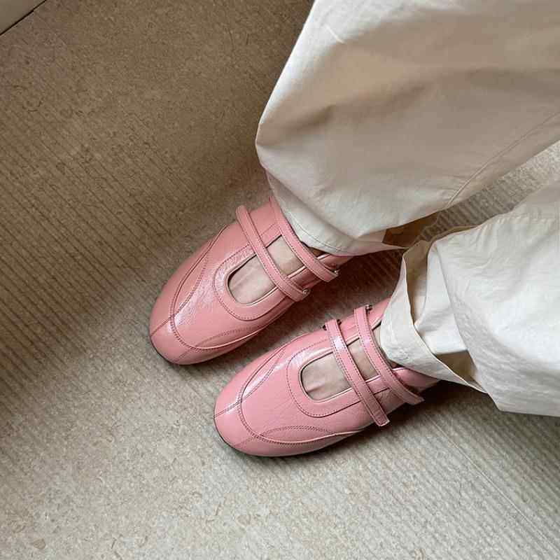 牛皮版~真皮魔术贴运动玛丽珍鞋百搭圆头休闲鞋女平底芭蕾德训鞋