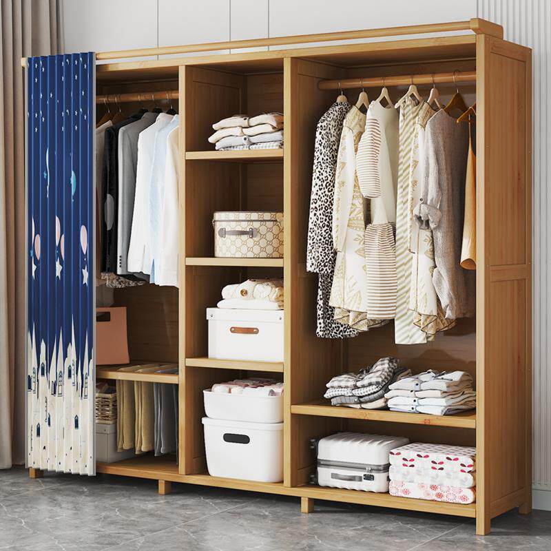 卧室结实衣橱耐用实木家用挂帘出租房竹木经济型组装衣柜柜子简易