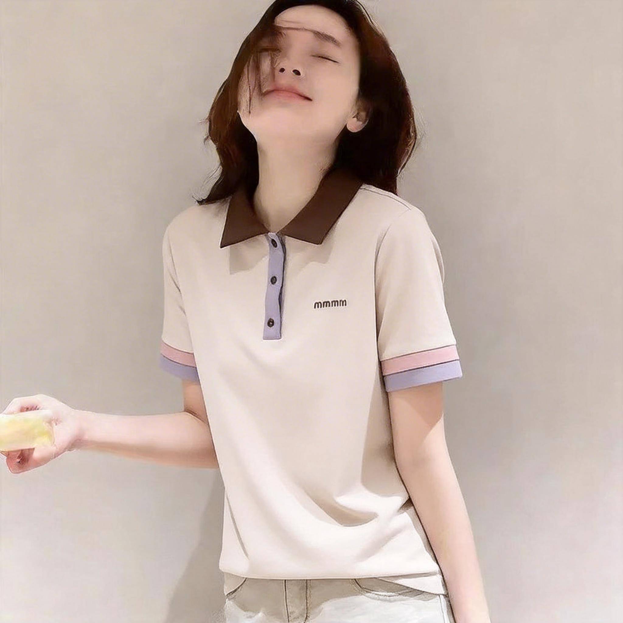 韩国减龄撞色马卡龙色系短袖polo衫女2026夏新款百搭气质T恤上衣T