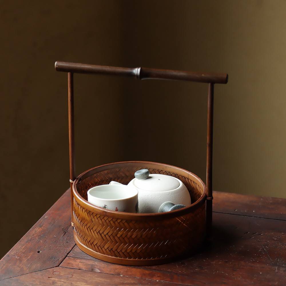 禅意紫竹手工竹编仿古手提茶点盘圆形水果面包盘茶道器具收纳盒