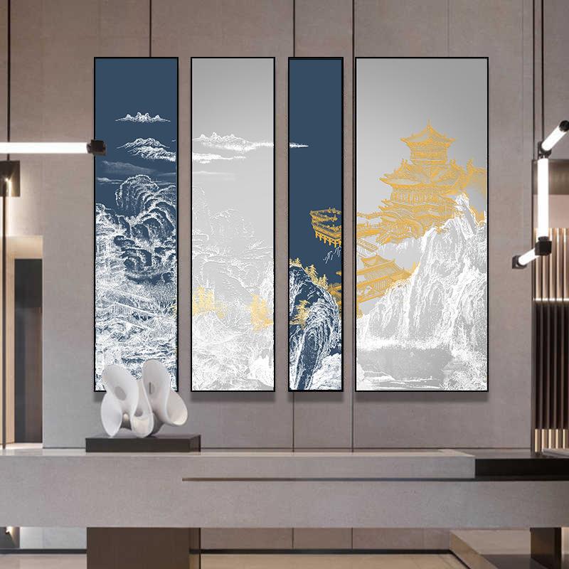 新中式装饰画中堂画客厅酒店四联挂画组合茶室棋牌室阁楼壁画国画