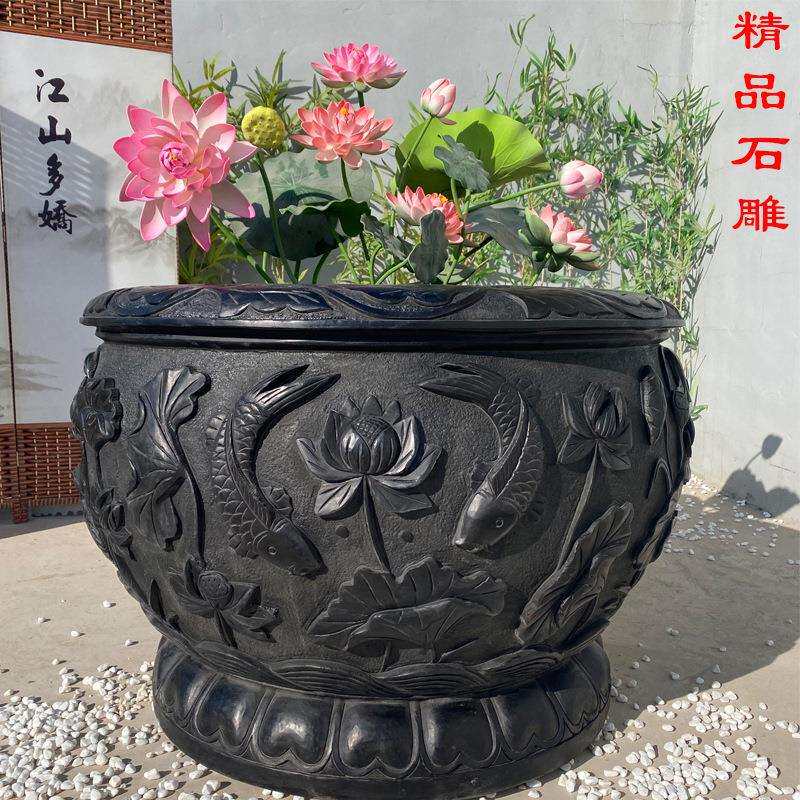 石雕鱼缸石头花盆水槽仿古青石水缸户外养鱼池流水盆庭院石缸摆件