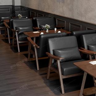 覆古咖啡厅奶茶店桌椅组合黑色酒吧沙发卡座酒店休闲 实木洽谈接