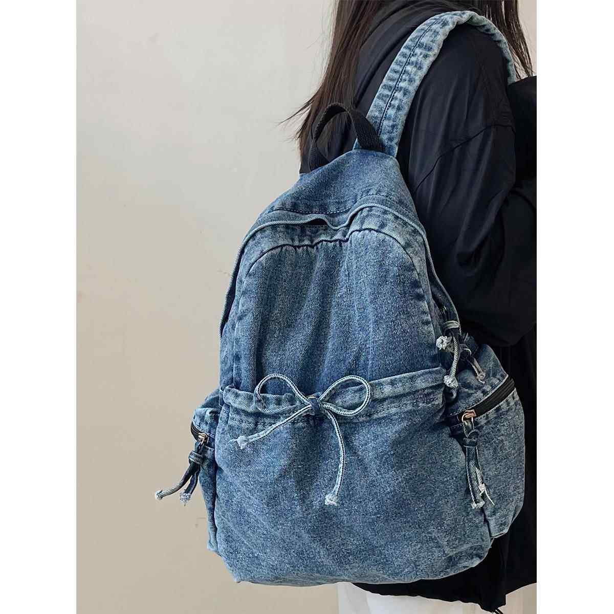 2025新款美式高街大容量牛仔布双肩包女旅游轻便书包女大学生背包,箱包皮具/热销女包/男包,双肩背包,淘宝优惠券,粉丝福利购,淘宝优惠卷